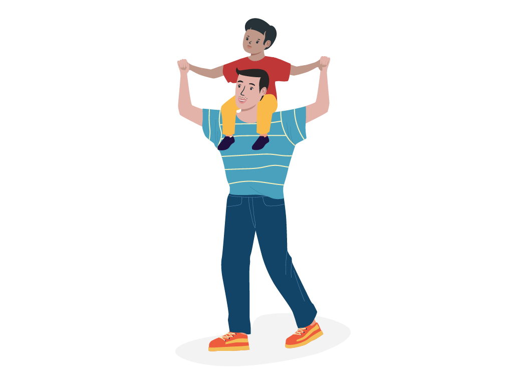 Mann, der seinen Sohn auf den Schulter trägt und seine Hände umschließt. Beide lächeln.