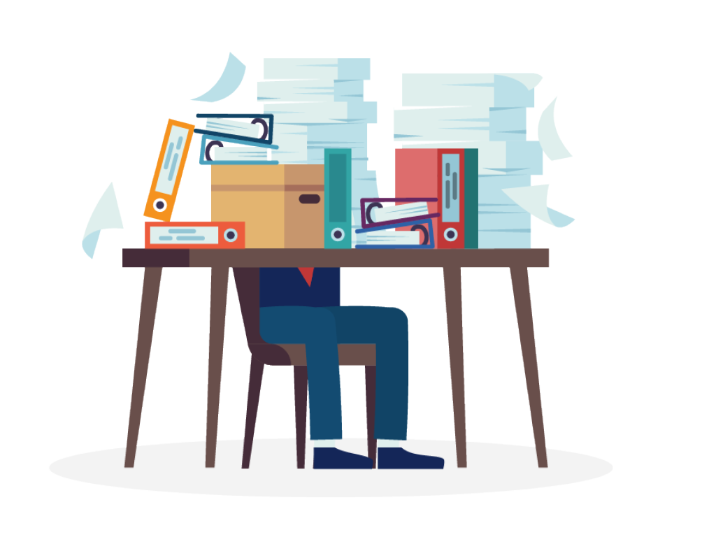 Mann hinter Schreibtisch voll mit Papierstapeln