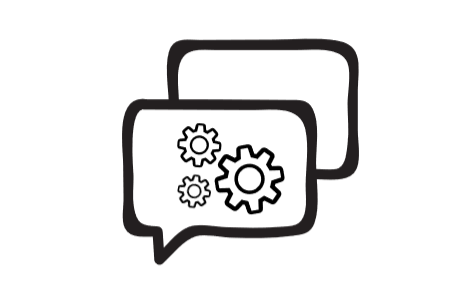 Zwei sich überlappende Sprechblasen mit ineinander greifenden Zahnrädern.